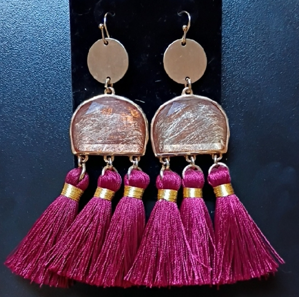 Gold Toned and Burgundy Tassel Earrings Fashion Costume Jewelry